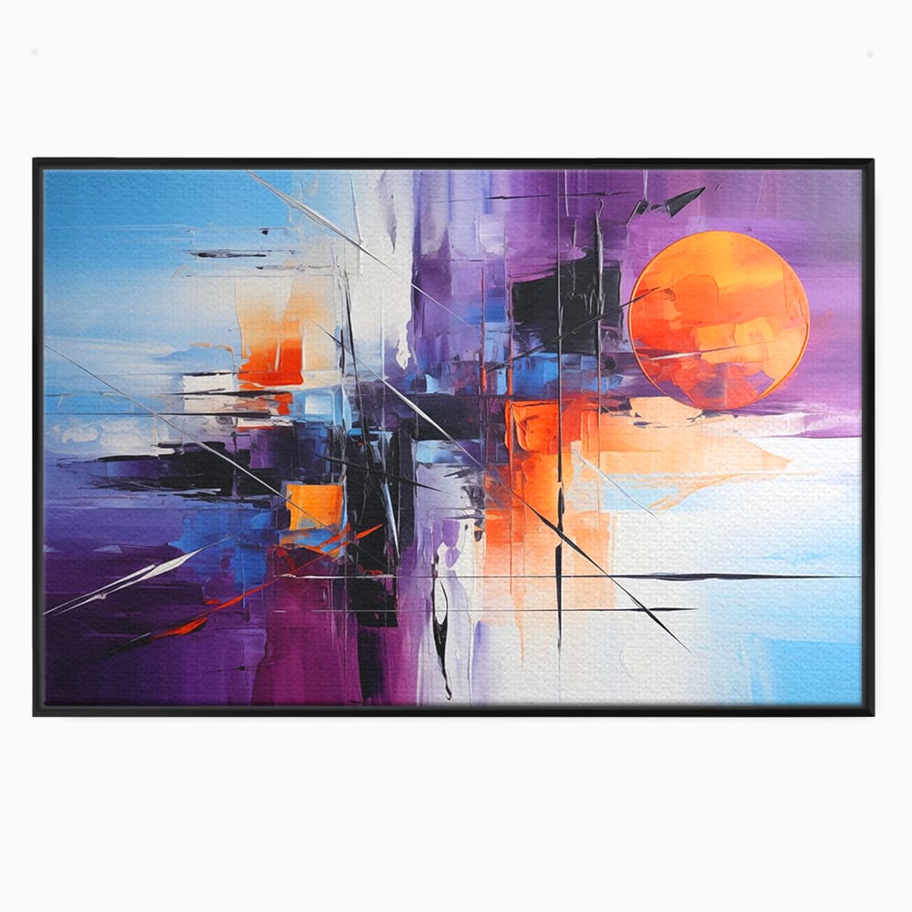 Tablou canvas cu pictura abstracta cu soare portocaliu, in rama de aluminiu negru
