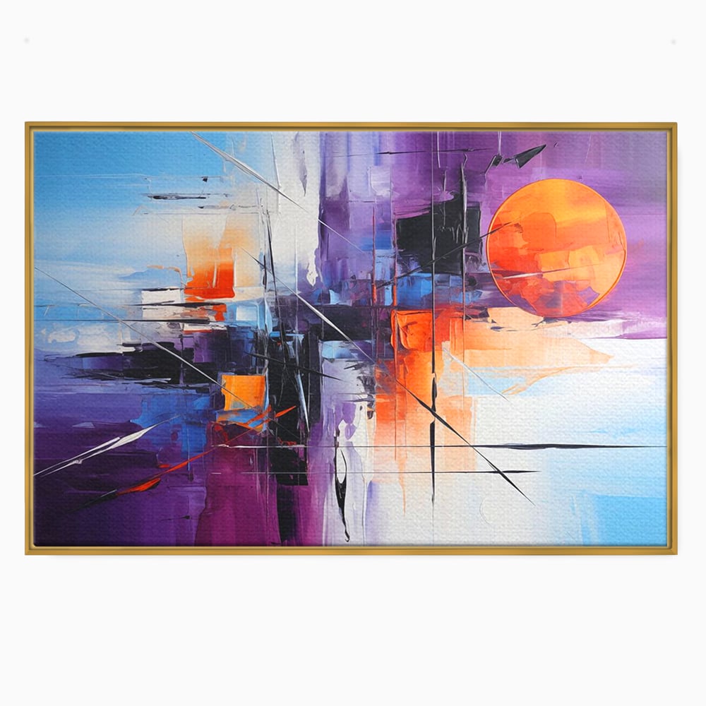 Tablou canvas cu pictura abstracta cu soare portocaliu, in rama de aluminiu auriu