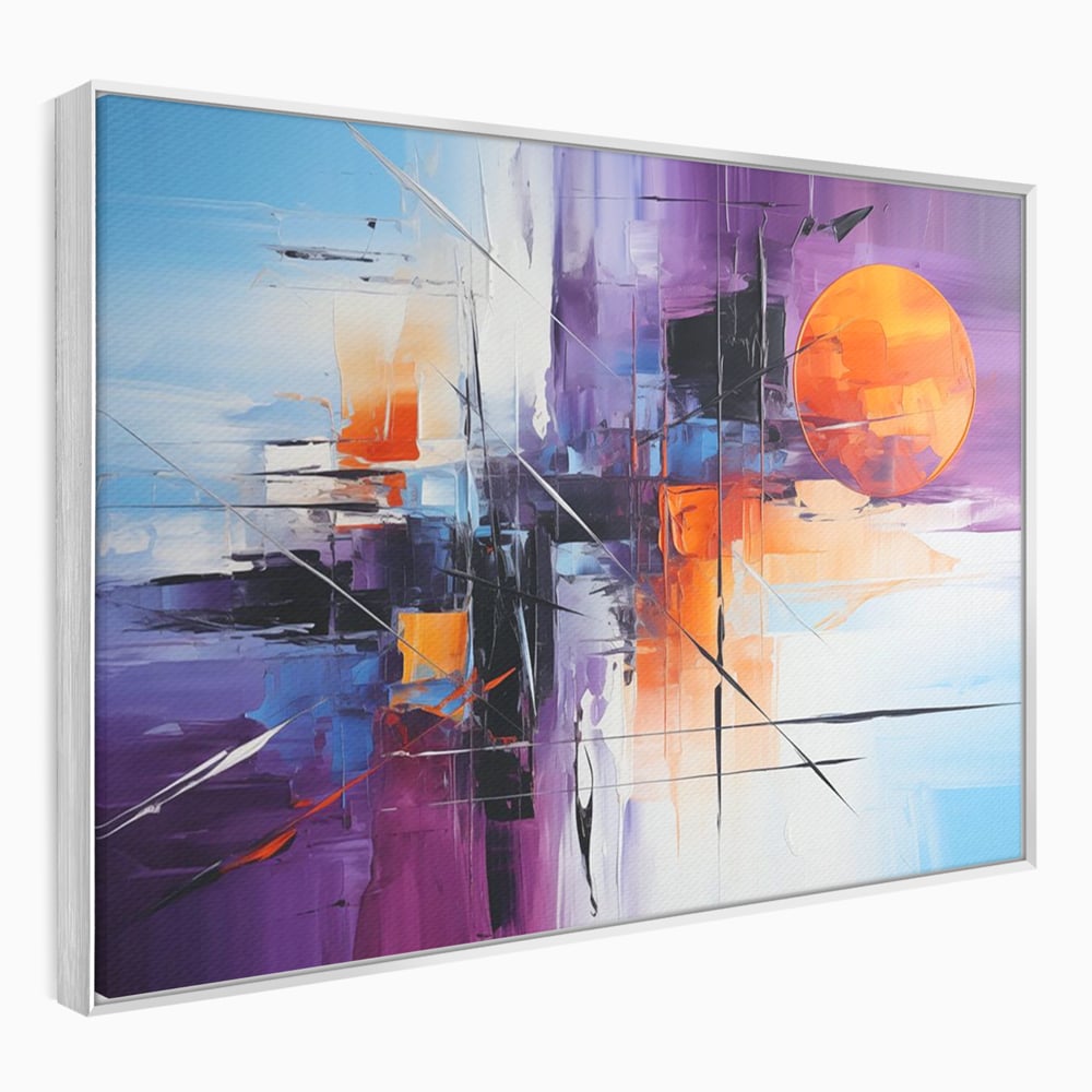 Tablou canvas cu pictura abstracta cu soare portocaliu, in rama de aluminiu argintiu