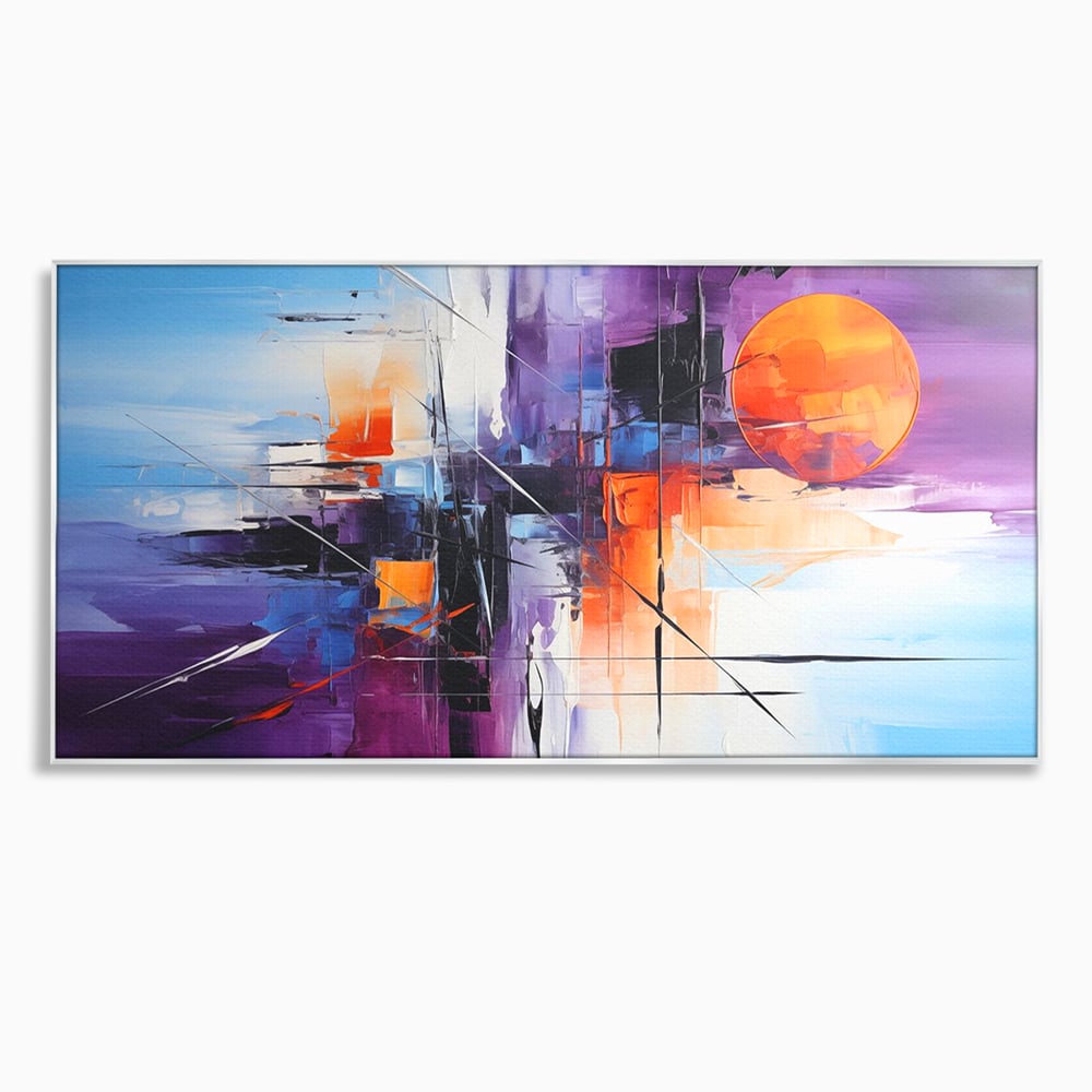 Tablou canvas cu pictura abstracta cu soare portocaliu, in rama de aluminiu argintiu