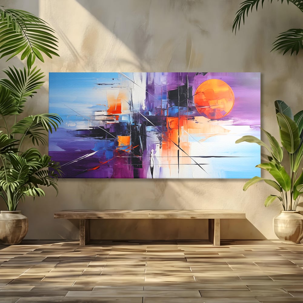 Tablou canvas cu pictura abstracta cu soare portocaliu, fara rama, pe sasiu de lemn