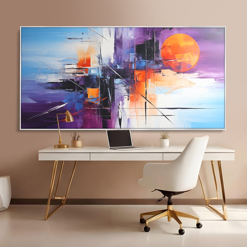 Tablou canvas cu pictura abstracta cu soare portocaliu, in rama de aluminiu argintiu, pe perete intr-un birou