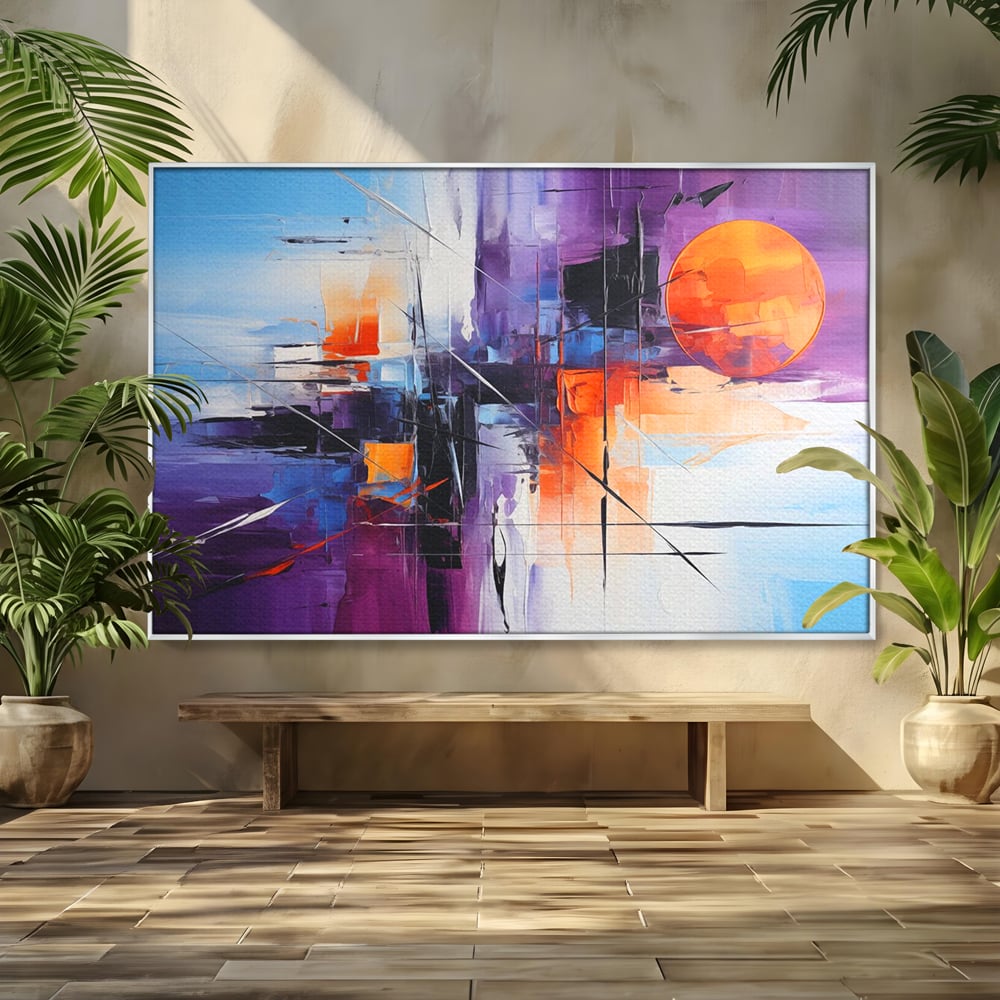 Tablou canvas cu pictura abstracta cu soare portocaliu, in rama de aluminiu argintiu