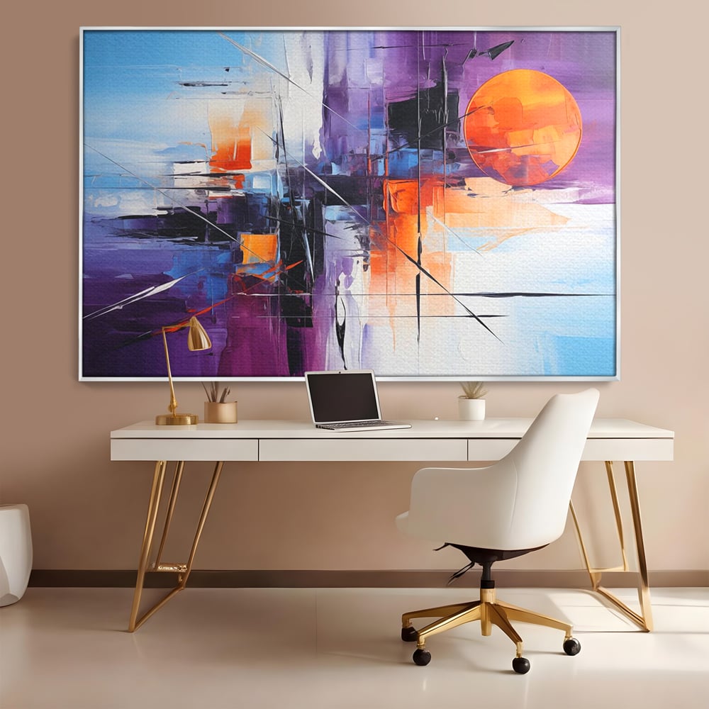 Tablou canvas cu pictura abstracta cu soare portocaliu, in rama de aluminiu argintiu, pe perete intr-un birou