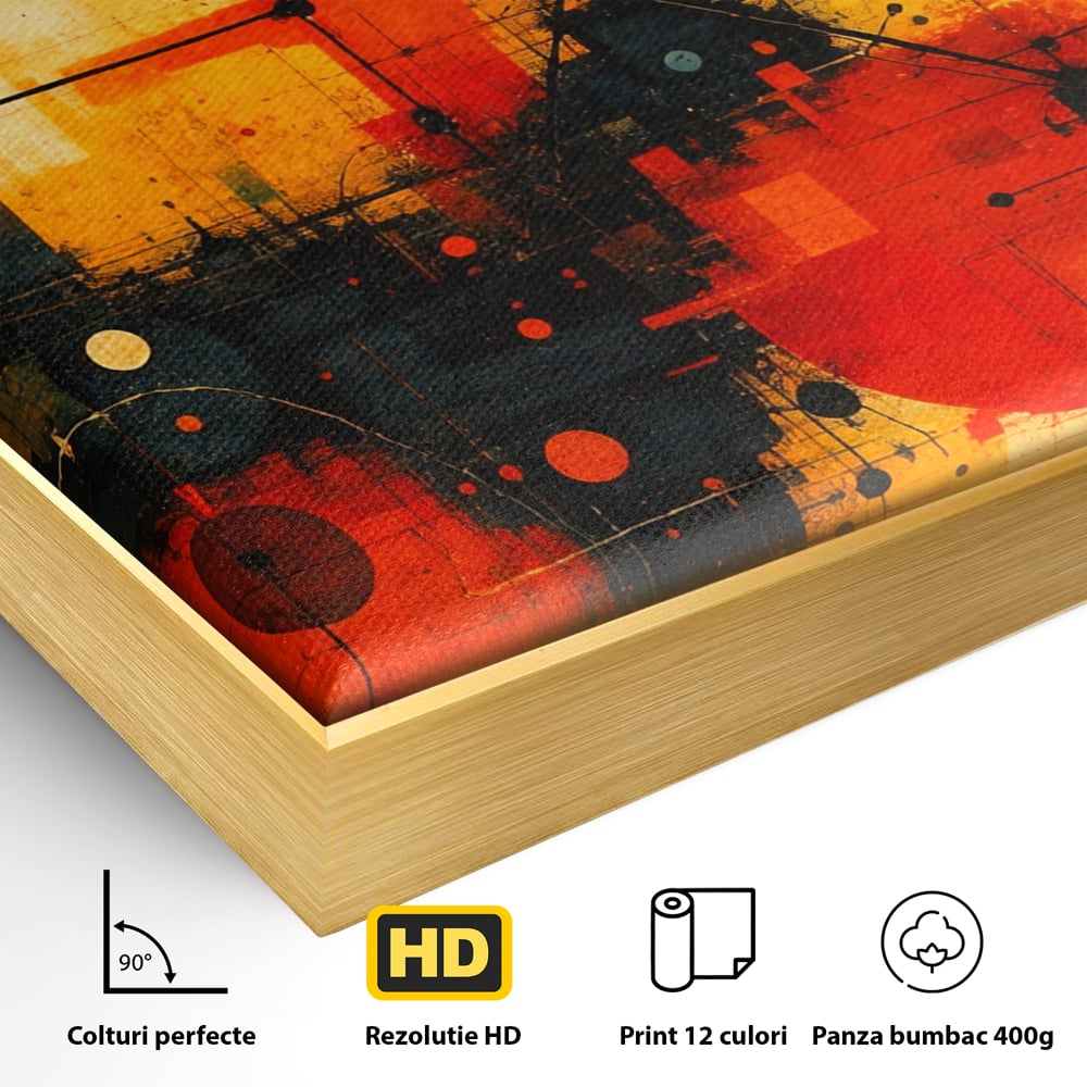 Detaliu al suprafetei: tablou canvas cu compozitie abstracta geometrica, in rama de aluminiu auriu