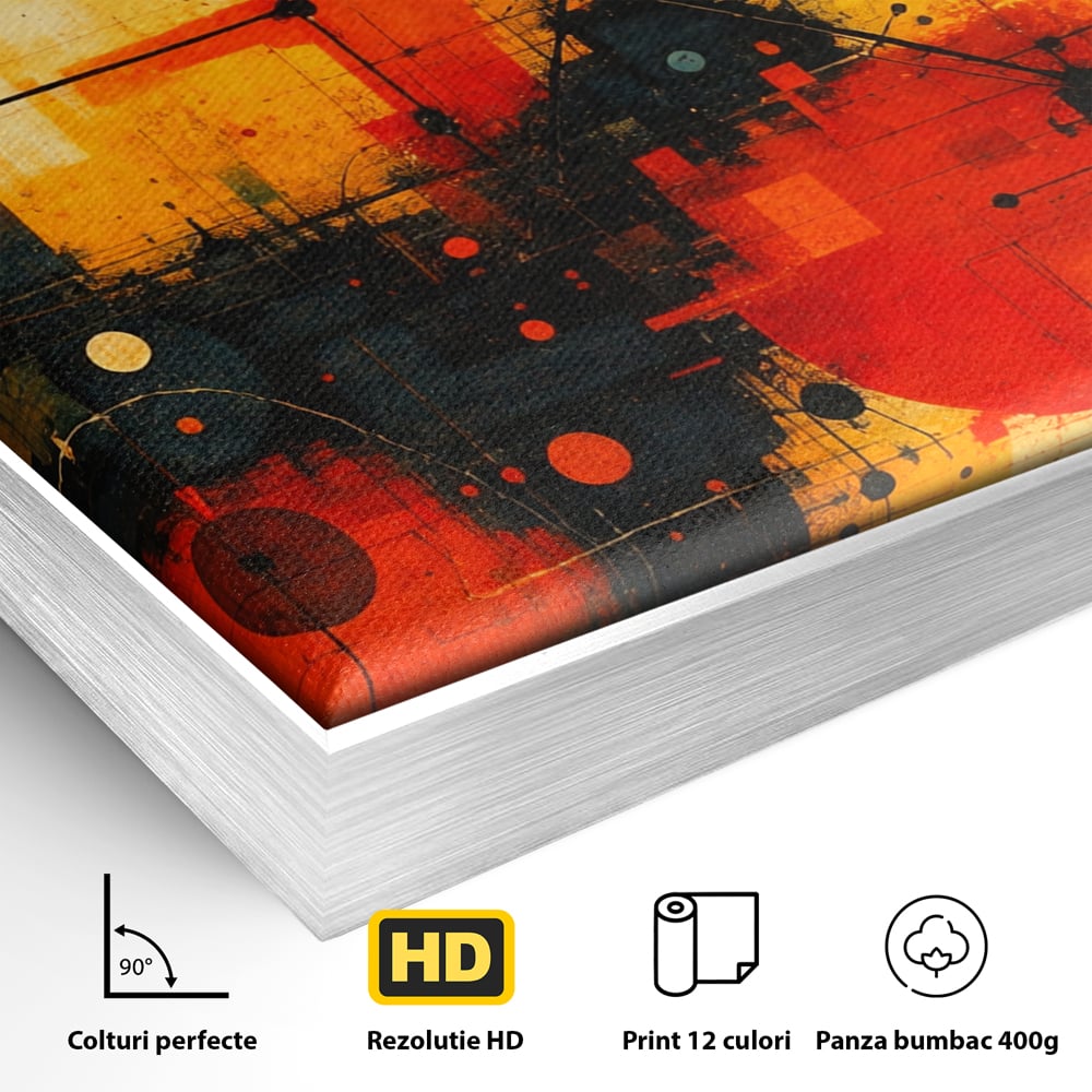 Detaliu al suprafetei: tablou canvas cu compozitie abstracta geometrica, in rama de aluminiu argintiu
