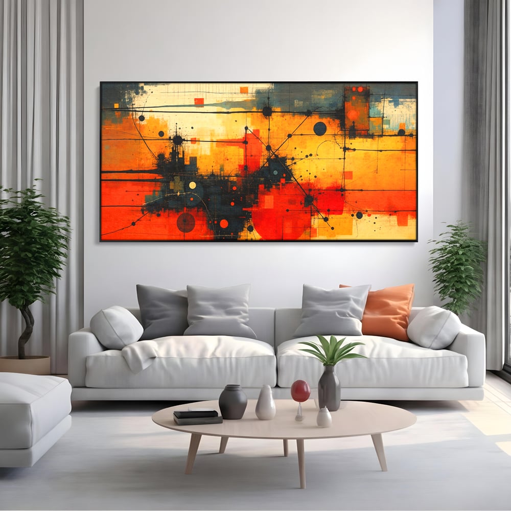 Tablou canvas cu tablou canvas cu compozitie abstracta geometrica, in rama de aluminiu negru, pe perete intr-un living