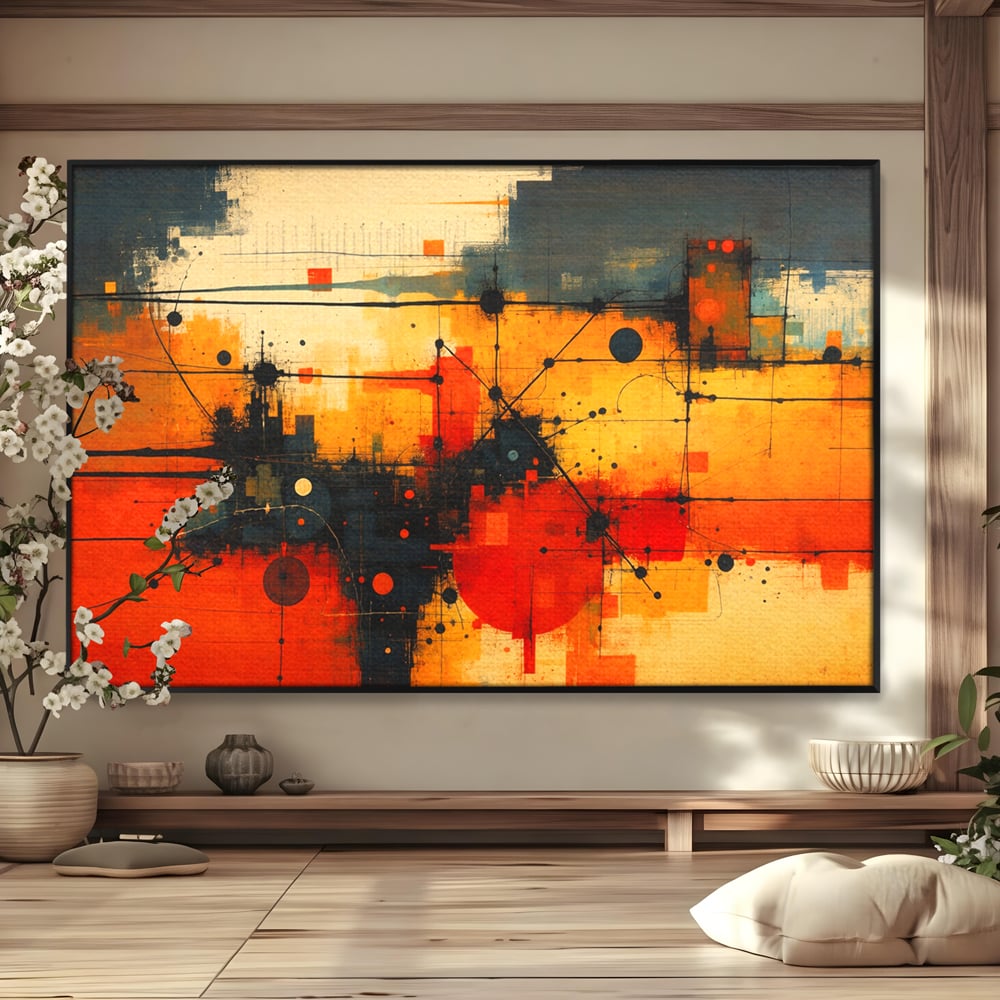 Tablou canvas cu tablou canvas cu compozitie abstracta geometrica, in rama de aluminiu negru