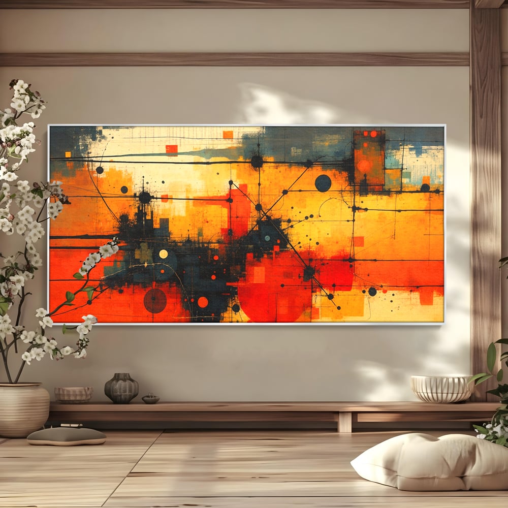 Tablou canvas cu tablou canvas cu compozitie abstracta geometrica, in rama de aluminiu argintiu