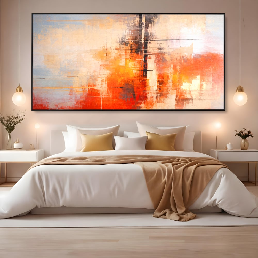 Tablou canvas cu tablou abstract cu structuri geometrice, in rama de aluminiu negru, pe perete intr-un dormitor