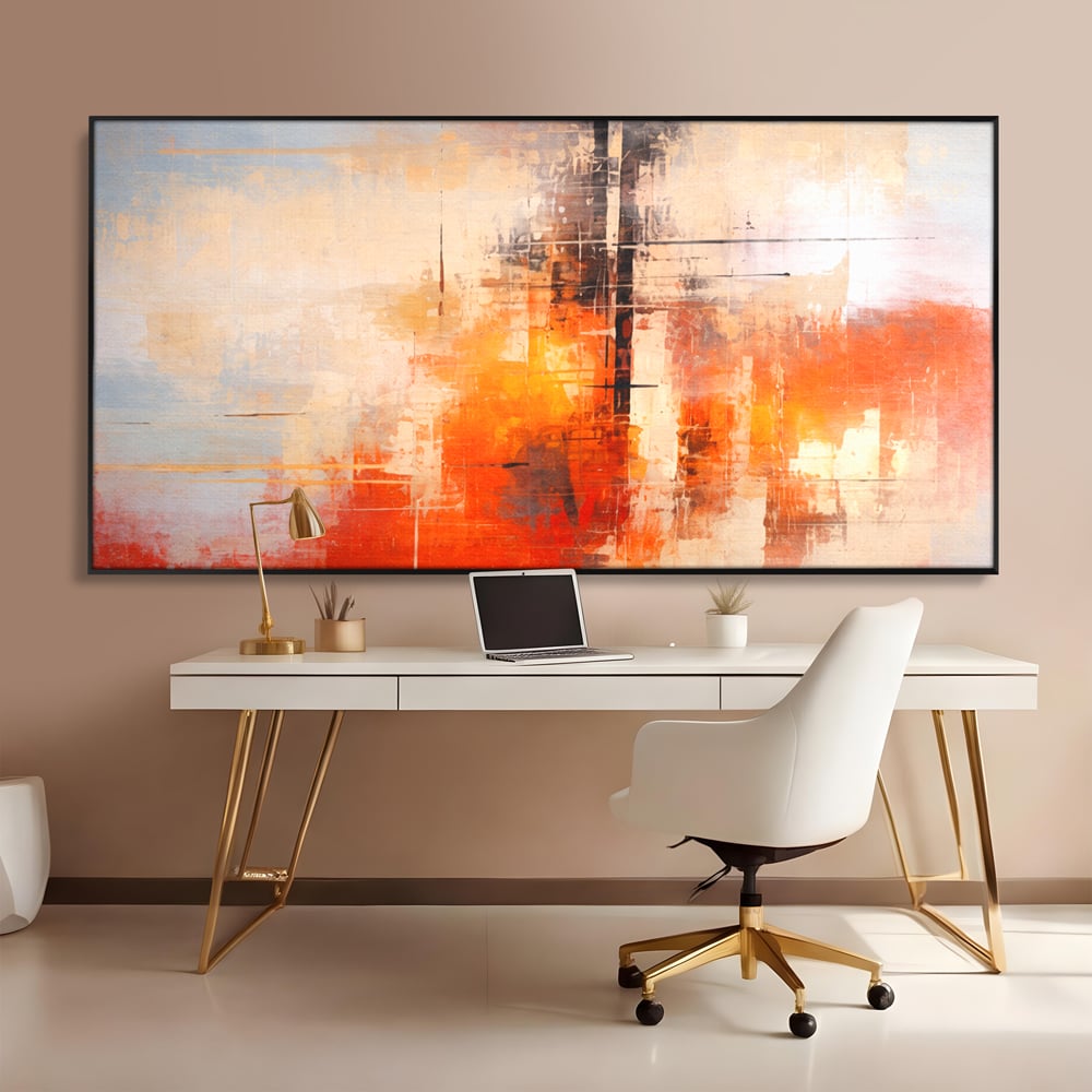 Tablou canvas cu tablou abstract cu structuri geometrice, in rama de aluminiu negru, pe perete intr-un birou