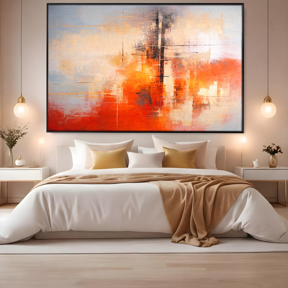 Tablou canvas cu tablou abstract cu structuri geometrice, in rama de aluminiu negru, pe perete intr-un dormitor
