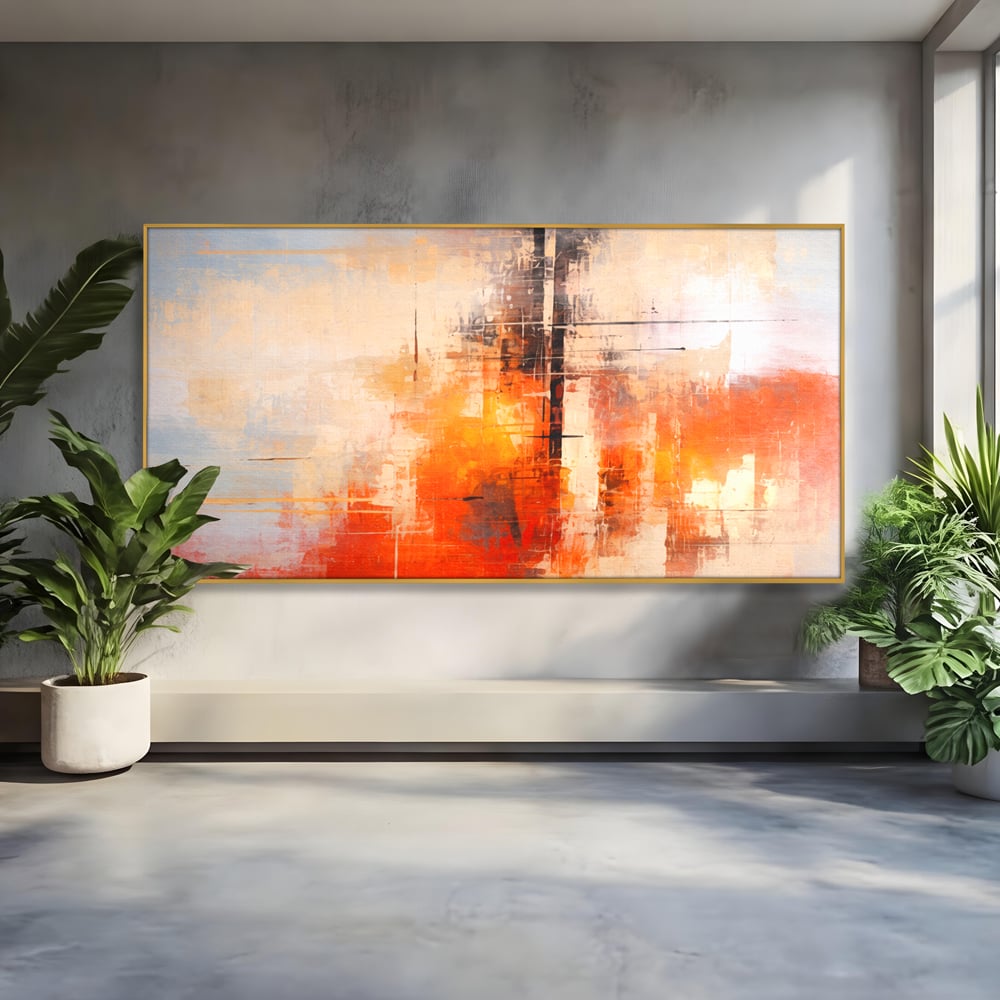 Tablou canvas cu tablou abstract cu structuri geometrice, in rama de aluminiu auriu