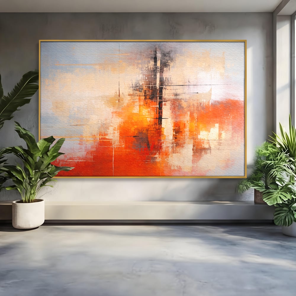 Tablou canvas cu tablou abstract cu structuri geometrice, in rama de aluminiu auriu