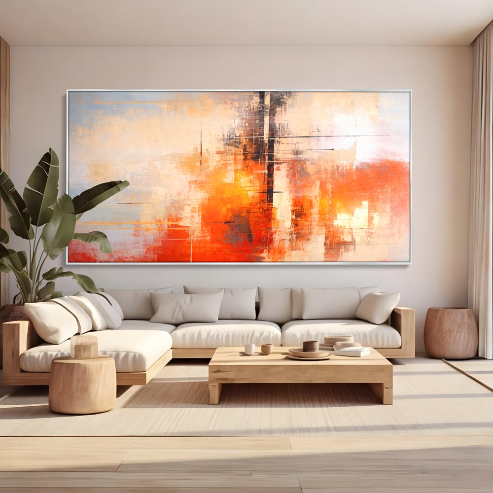 Tablou canvas cu tablou abstract cu structuri geometrice, in rama de aluminiu argintiu, pe perete intr-un living