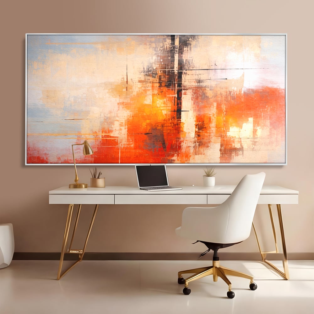 Tablou canvas cu tablou abstract cu structuri geometrice, in rama de aluminiu argintiu, pe perete intr-un birou
