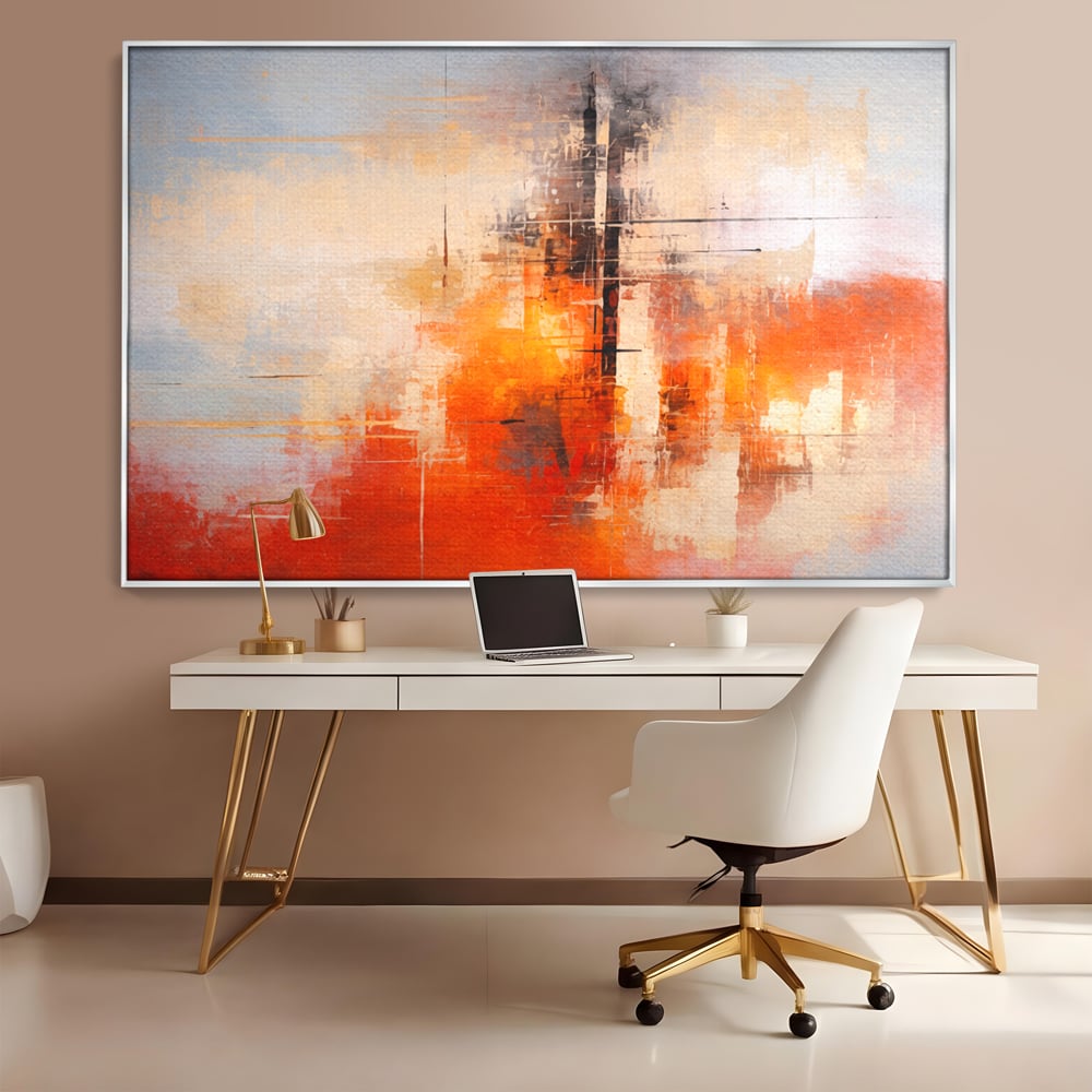 Tablou canvas cu tablou abstract cu structuri geometrice, in rama de aluminiu argintiu, pe perete intr-un birou