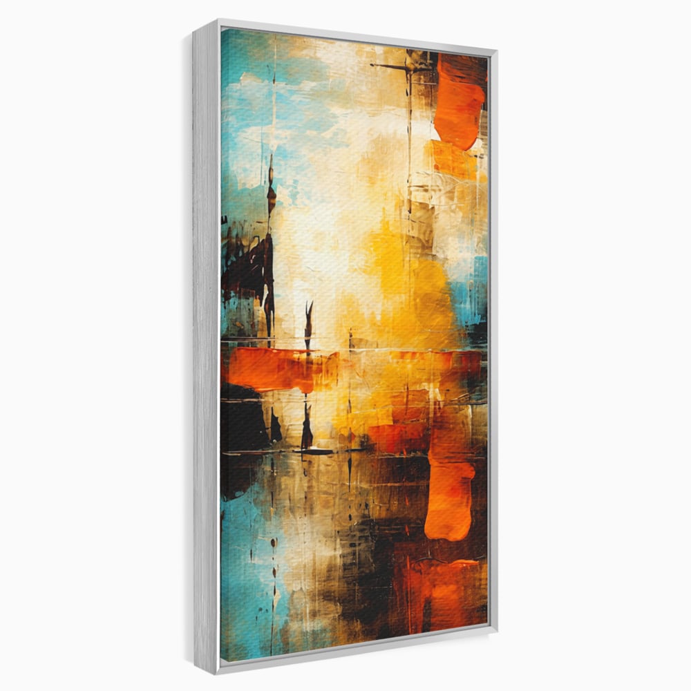 Tablou canvas cu pictura abstracta cu portocaliu si albastru, in rama de aluminiu argintiu