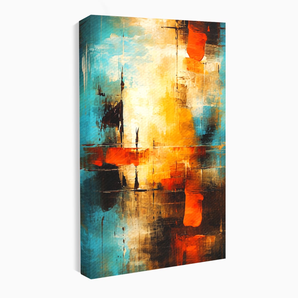 Tablou canvas cu pictura abstracta cu portocaliu si albastru, fara rama, pe sasiu de lemn