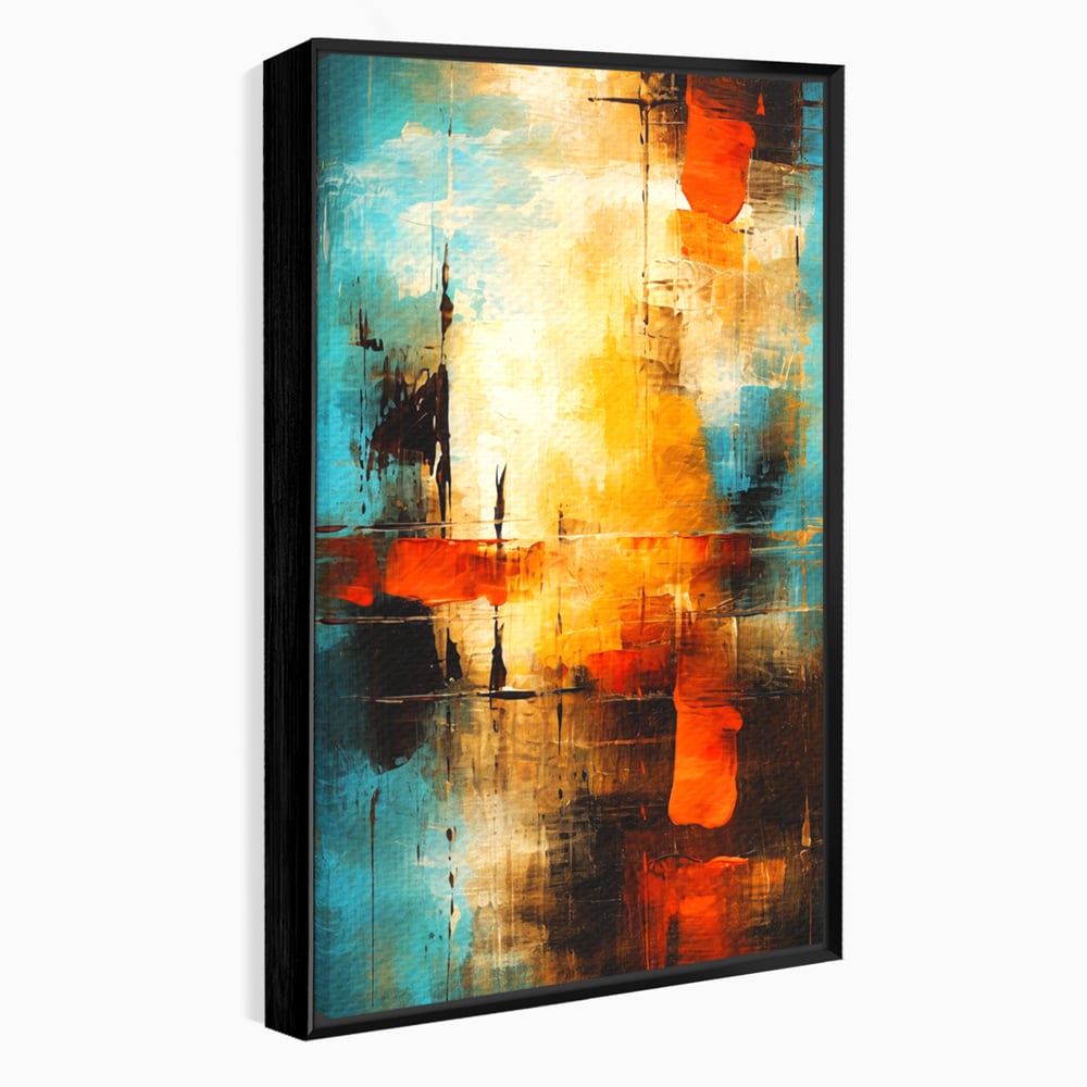 Tablou canvas cu pictura abstracta cu portocaliu si albastru, in rama de aluminiu negru