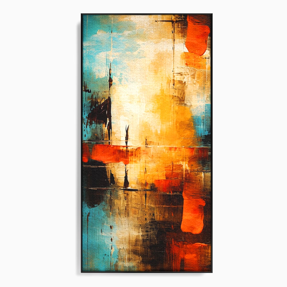 Tablou canvas cu pictura abstracta cu portocaliu si albastru, in rama de aluminiu negru