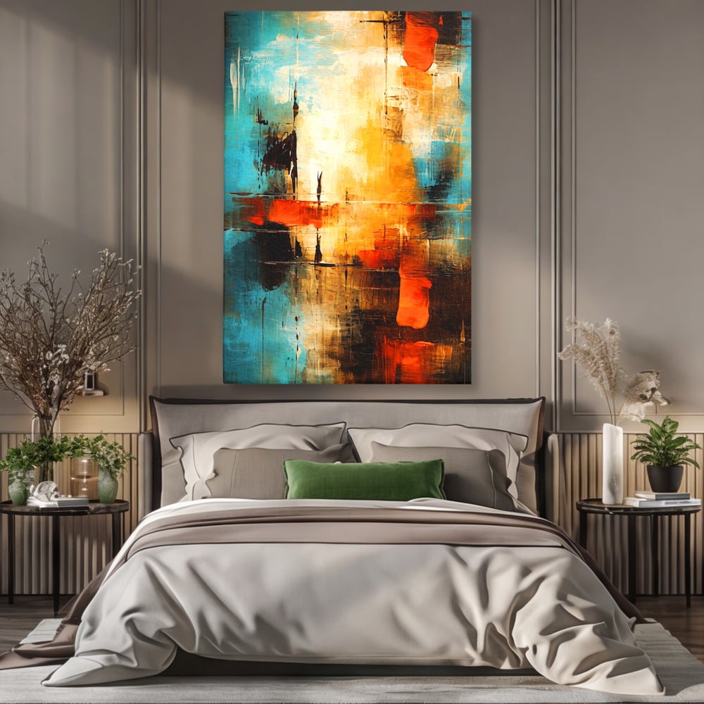 Tablou canvas cu pictura abstracta cu portocaliu si albastru, fara rama, pe sasiu de lemn, pe perete intr-un dormitor