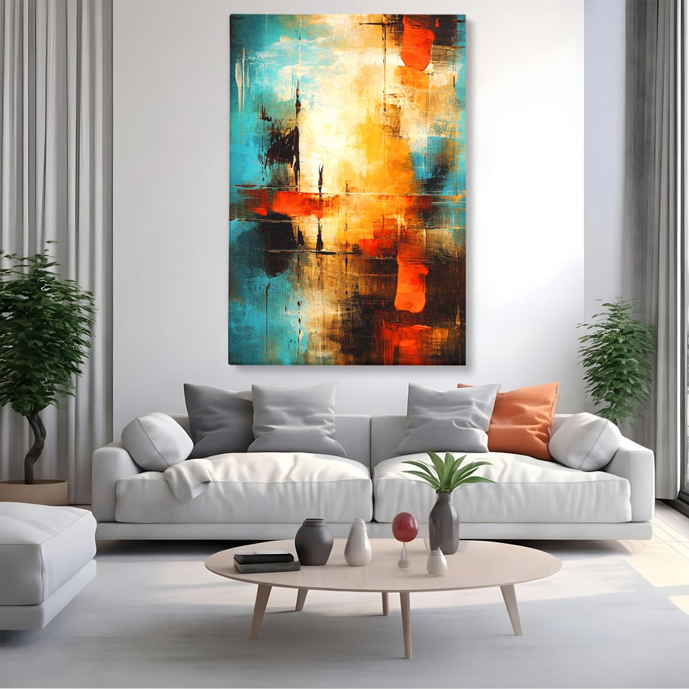 Tablou canvas cu pictura abstracta cu portocaliu si albastru, fara rama, pe sasiu de lemn, pe perete intr-un living