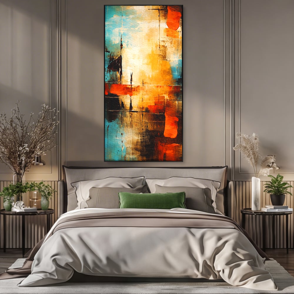Tablou canvas cu pictura abstracta cu portocaliu si albastru, in rama de aluminiu negru, pe perete intr-un dormitor