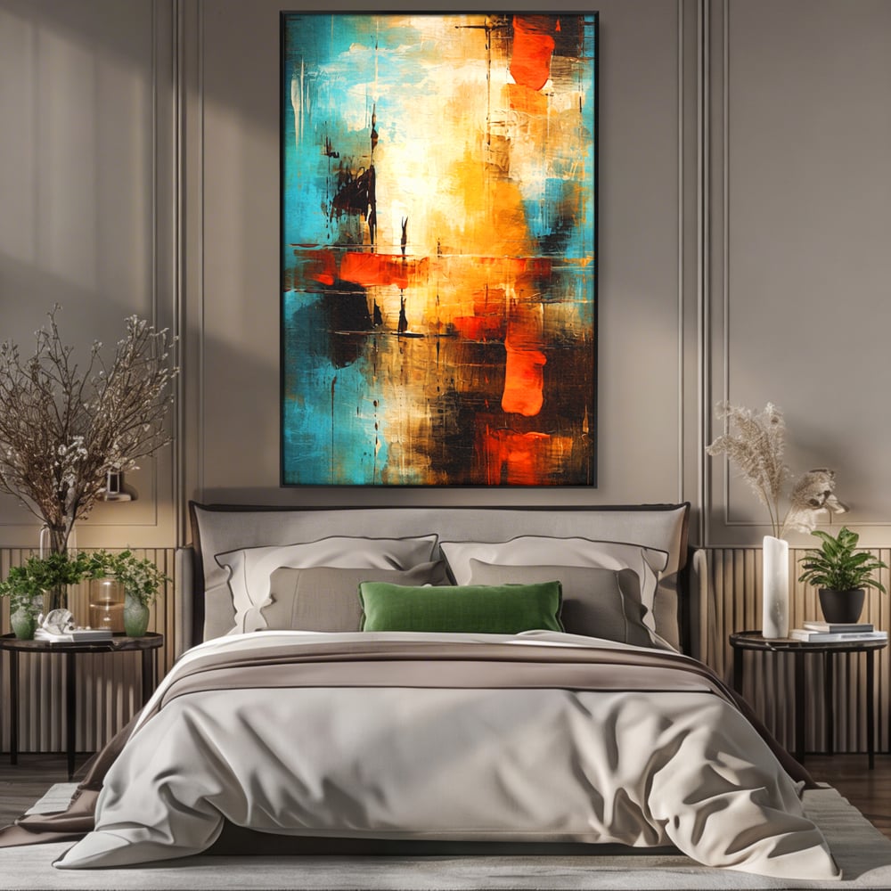 Tablou canvas cu pictura abstracta cu portocaliu si albastru, in rama de aluminiu negru, pe perete intr-un dormitor