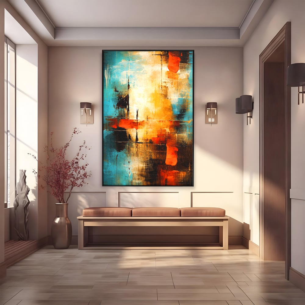 Tablou canvas cu pictura abstracta cu portocaliu si albastru, in rama de aluminiu negru