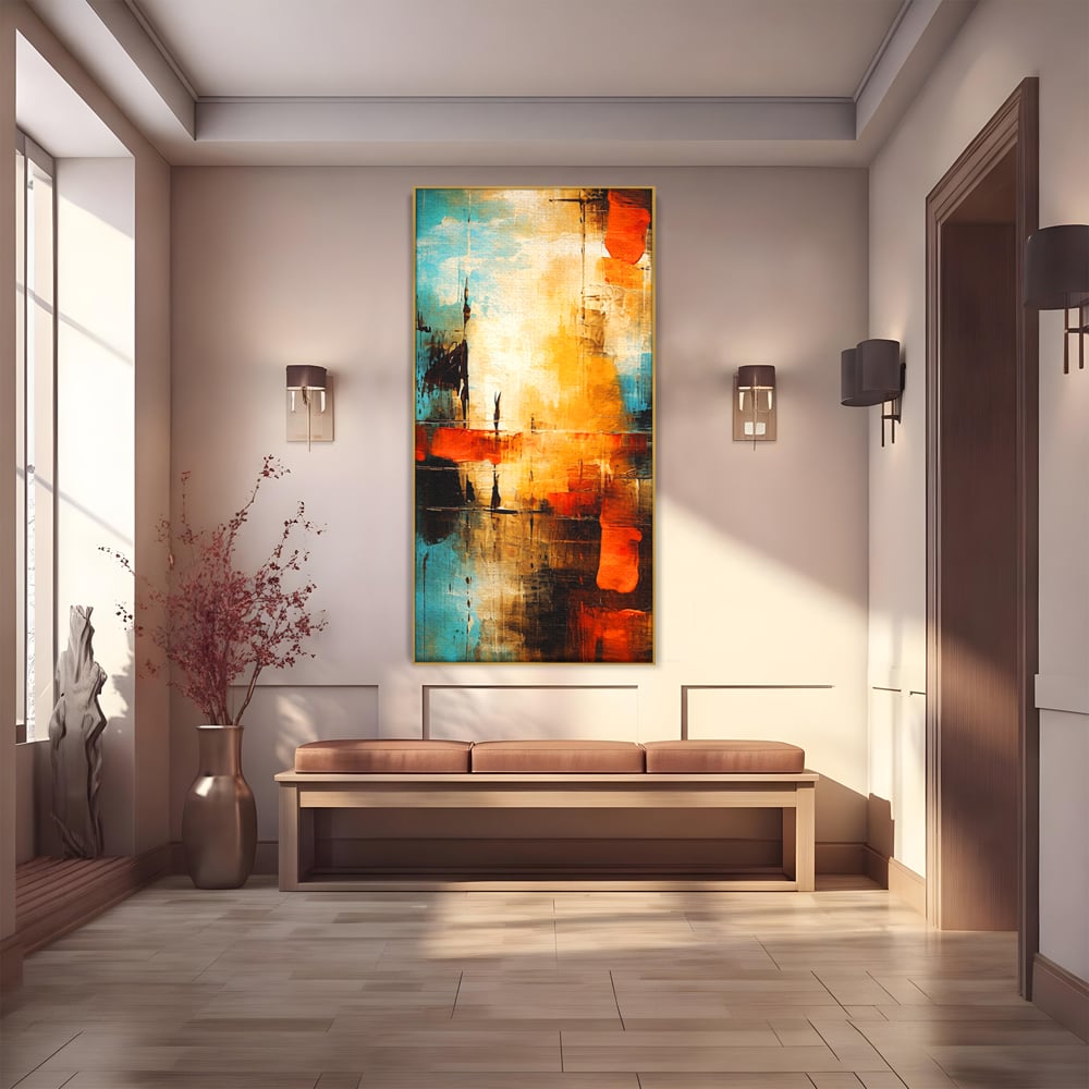 Tablou canvas cu pictura abstracta cu portocaliu si albastru, in rama de aluminiu auriu