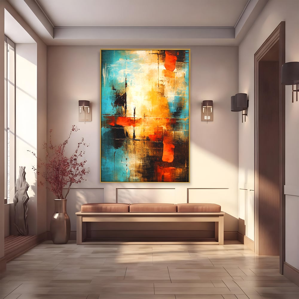 Tablou canvas cu pictura abstracta cu portocaliu si albastru, in rama de aluminiu auriu
