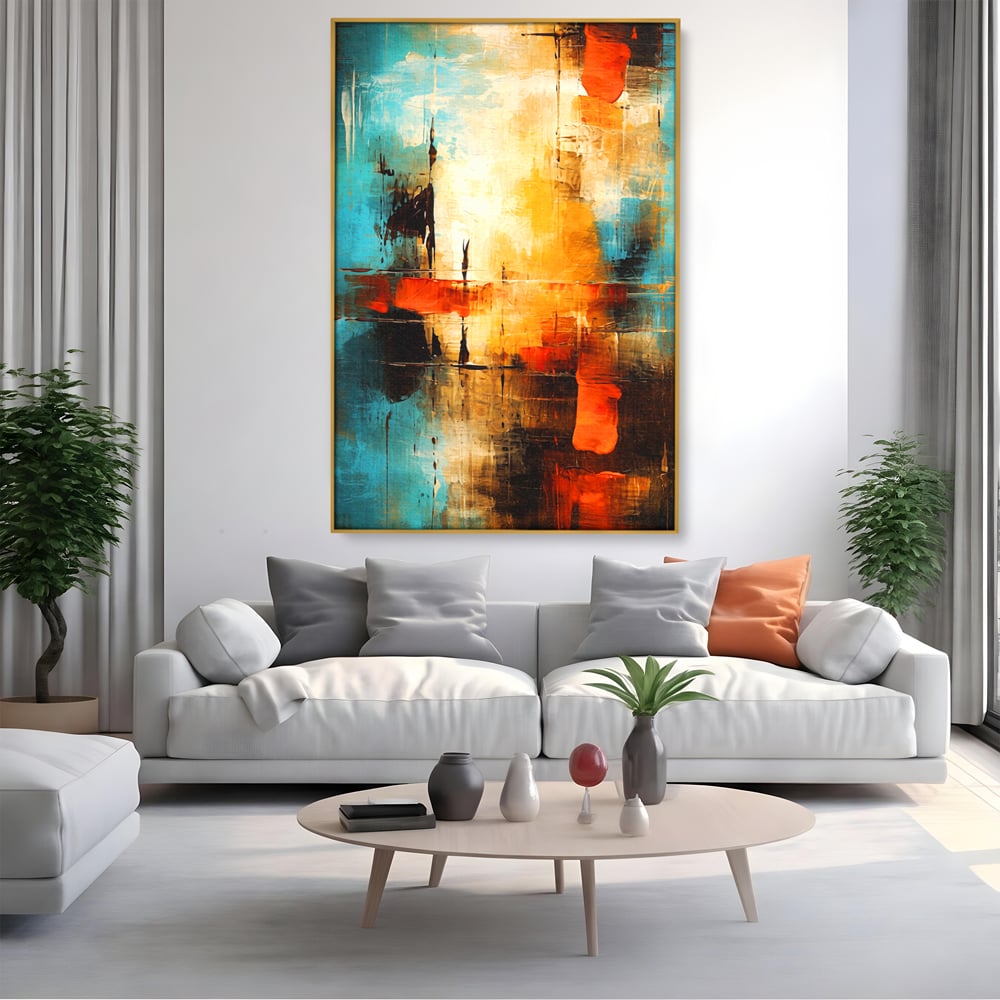 Tablou canvas cu pictura abstracta cu portocaliu si albastru, in rama de aluminiu auriu, pe perete intr-un living