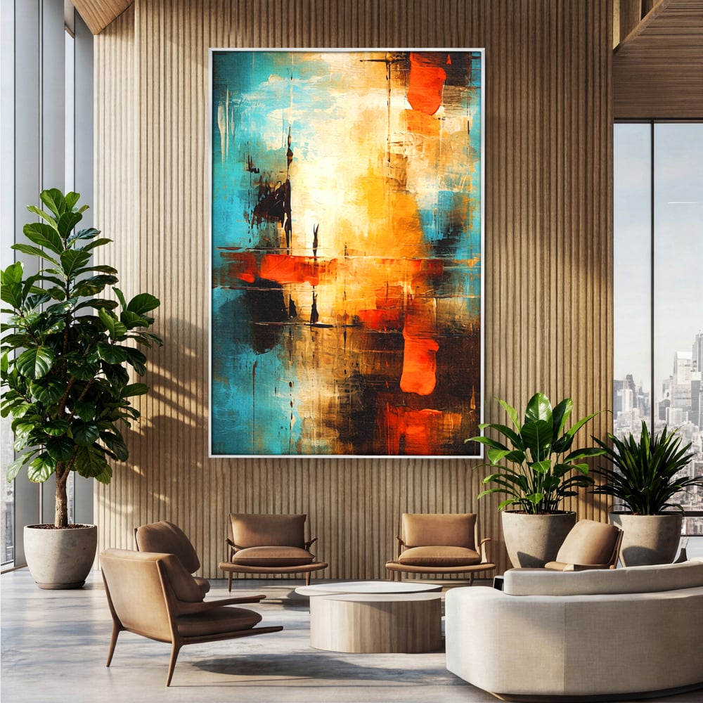 Tablou canvas cu pictura abstracta cu portocaliu si albastru, in rama de aluminiu argintiu, pe perete intr-un birou