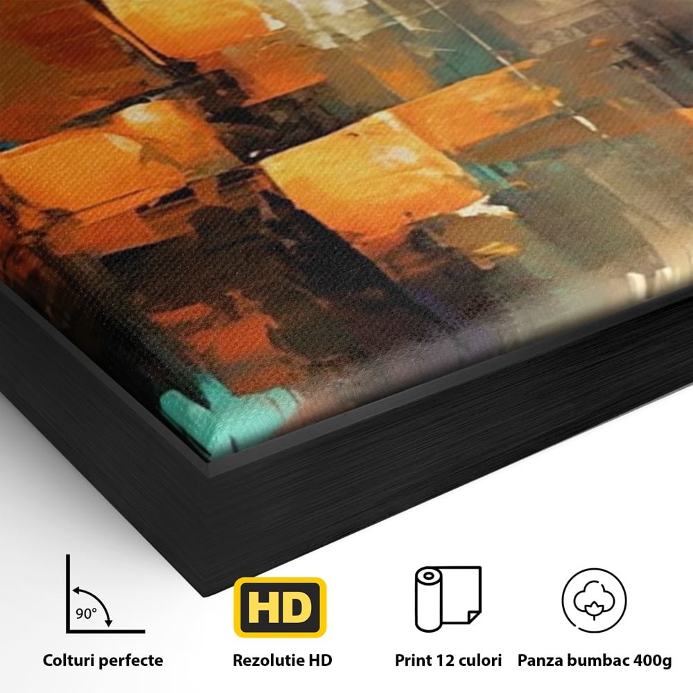 Detaliu al suprafetei: pictura abstracta cu linii verticale, in rama de aluminiu negru