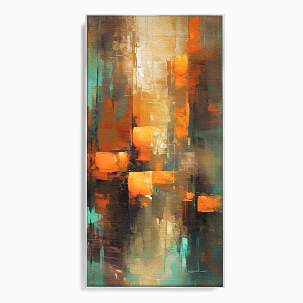Tablou canvas cu pictura abstracta cu linii verticale, in rama de aluminiu argintiu
