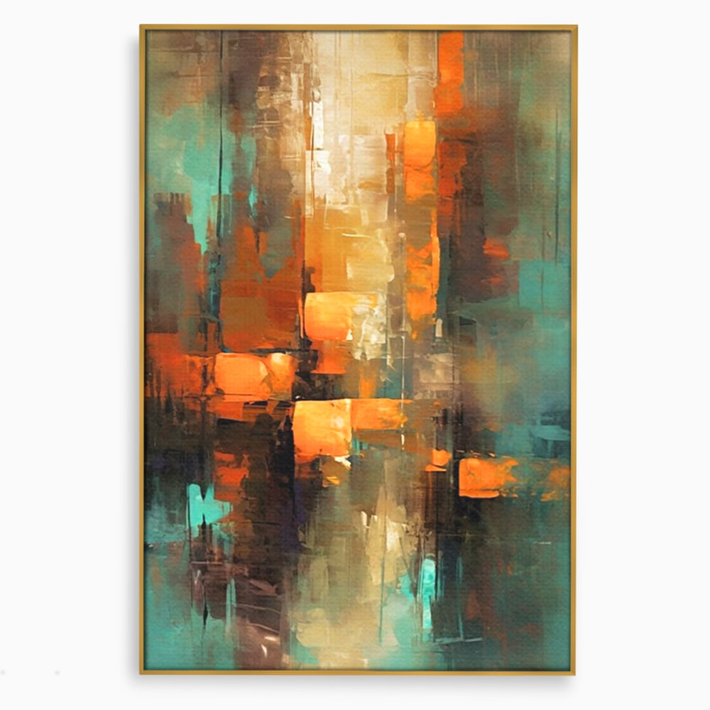 Tablou canvas cu pictura abstracta cu linii verticale, in rama de aluminiu auriu