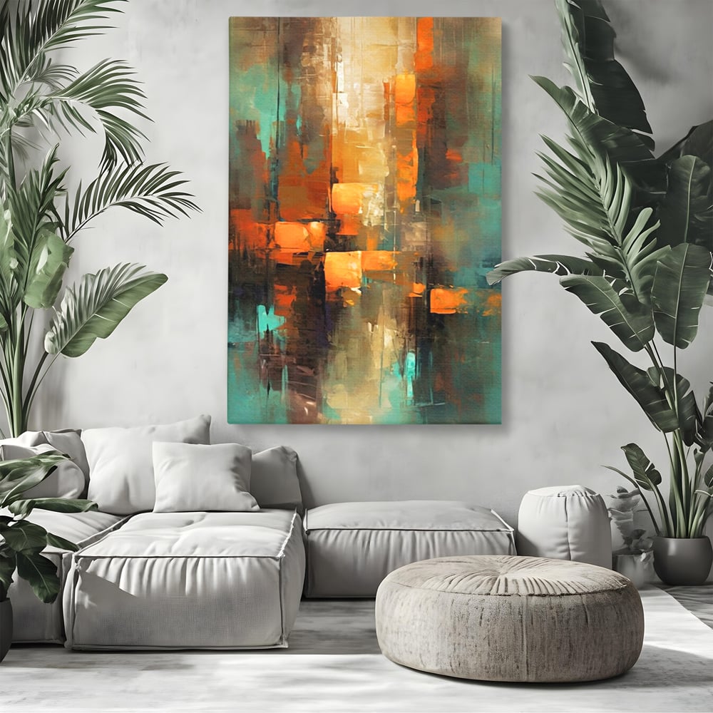 Tablou canvas cu pictura abstracta cu linii verticale, fara rama, pe sasiu de lemn, pe perete intr-un living