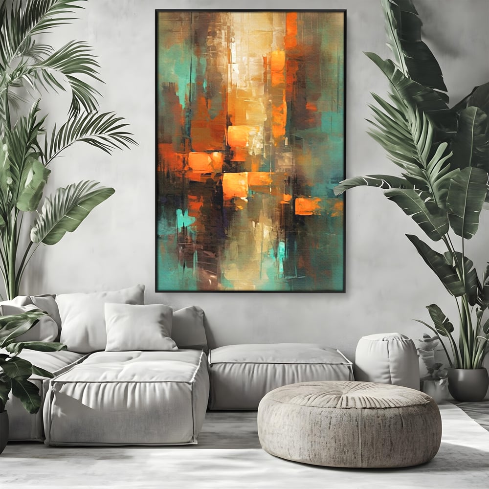 Tablou canvas cu pictura abstracta cu linii verticale, in rama de aluminiu negru, pe perete intr-un living
