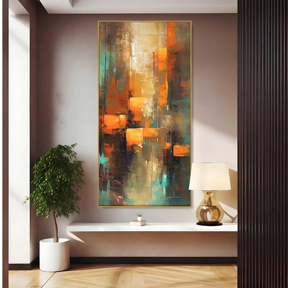 Tablou canvas cu pictura abstracta cu linii verticale, in rama de aluminiu auriu