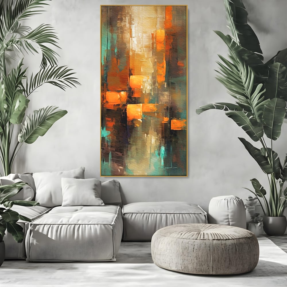 Tablou canvas cu pictura abstracta cu linii verticale, in rama de aluminiu auriu, pe perete intr-un living