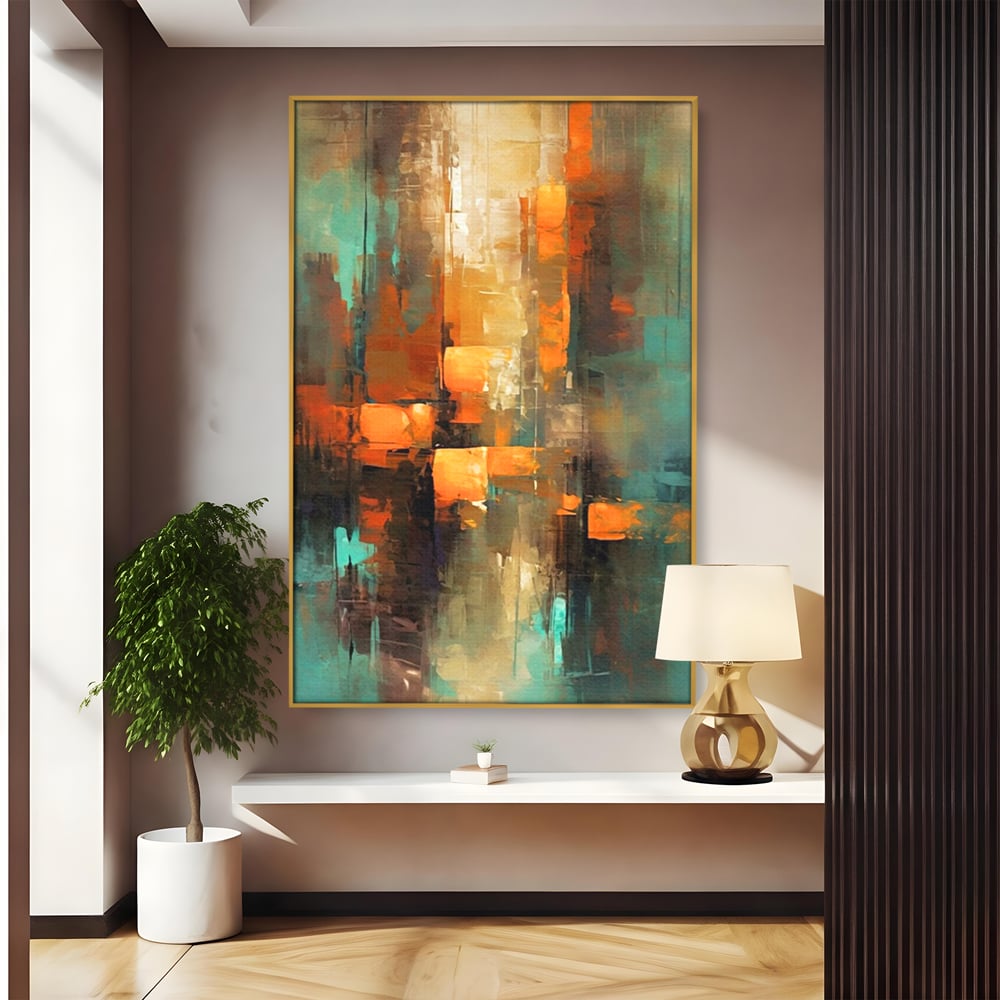 Tablou canvas cu pictura abstracta cu linii verticale, in rama de aluminiu auriu