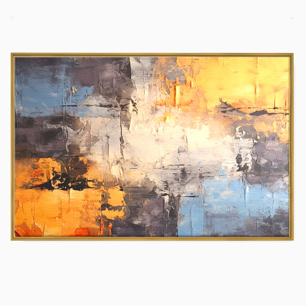 Tablou canvas cu pictura abstracta cu texturi portocalii si gri, in rama de aluminiu auriu