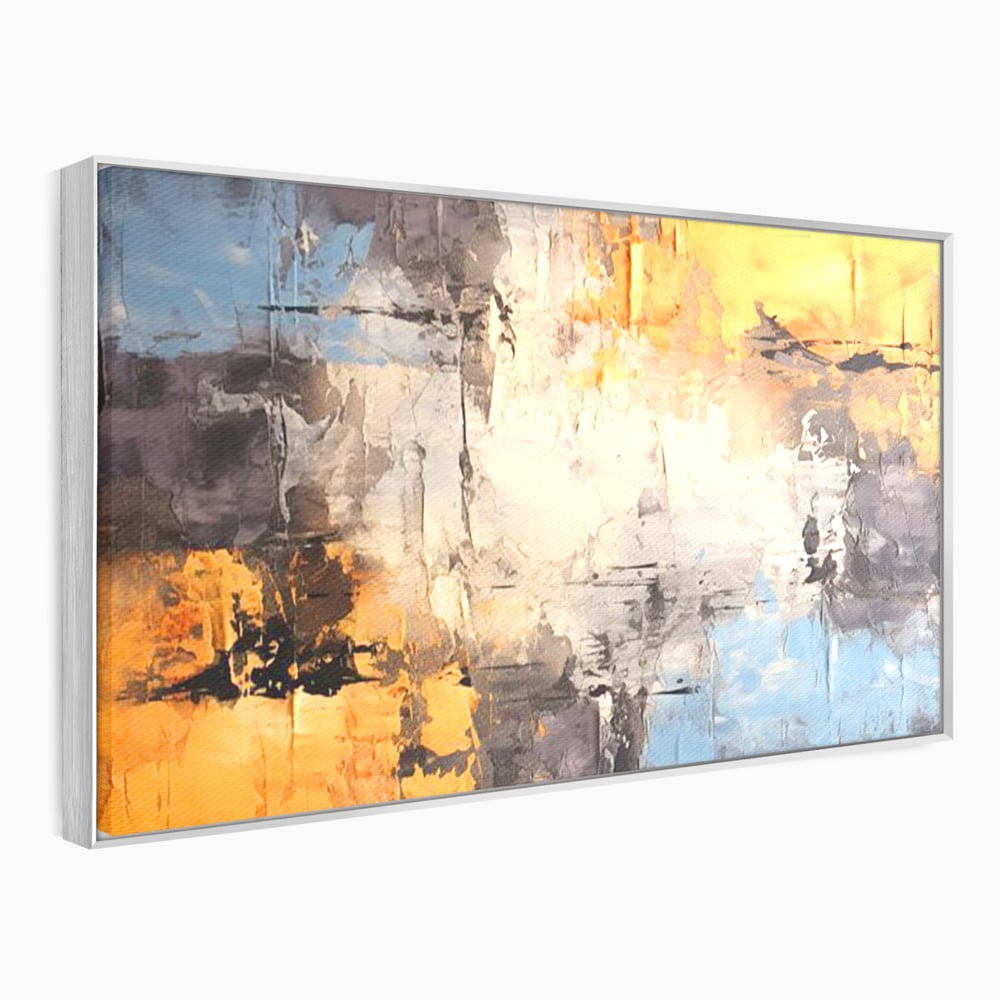 Tablou canvas cu pictura abstracta cu texturi portocalii si gri, in rama de aluminiu argintiu