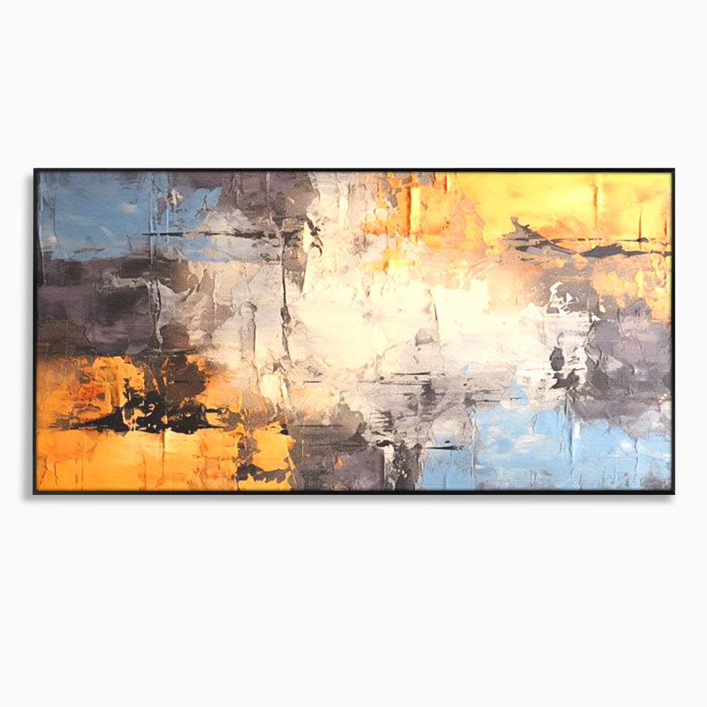 Tablou canvas cu pictura abstracta cu texturi portocalii si gri, in rama de aluminiu negru