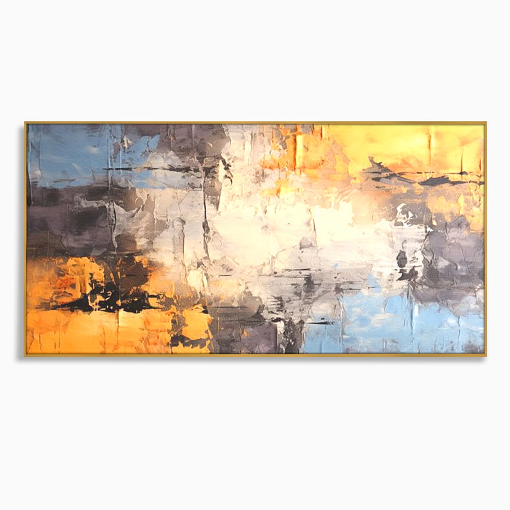 Tablou canvas cu pictura abstracta cu texturi portocalii si gri, in rama de aluminiu auriu