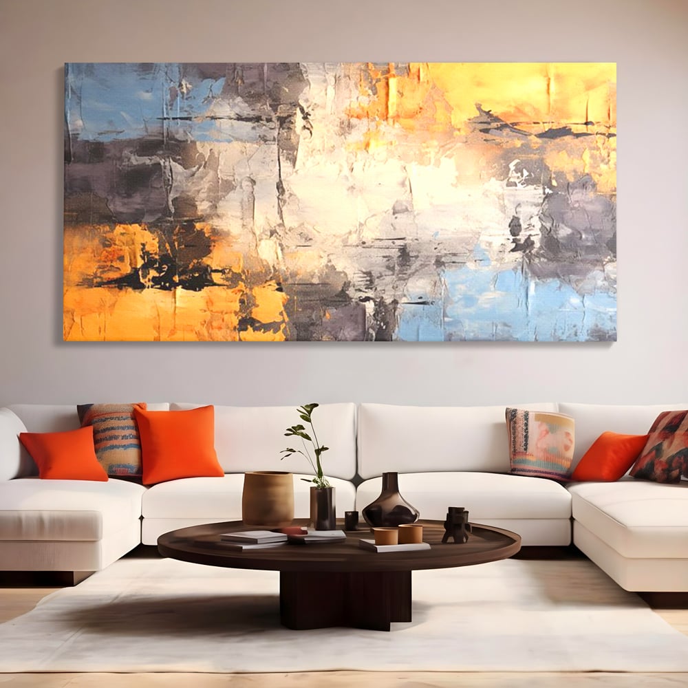 Tablou canvas cu pictura abstracta cu texturi portocalii si gri, fara rama, pe sasiu de lemn, pe perete intr-un living