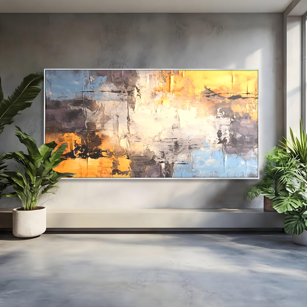 Tablou canvas cu pictura abstracta cu texturi portocalii si gri, in rama de aluminiu argintiu