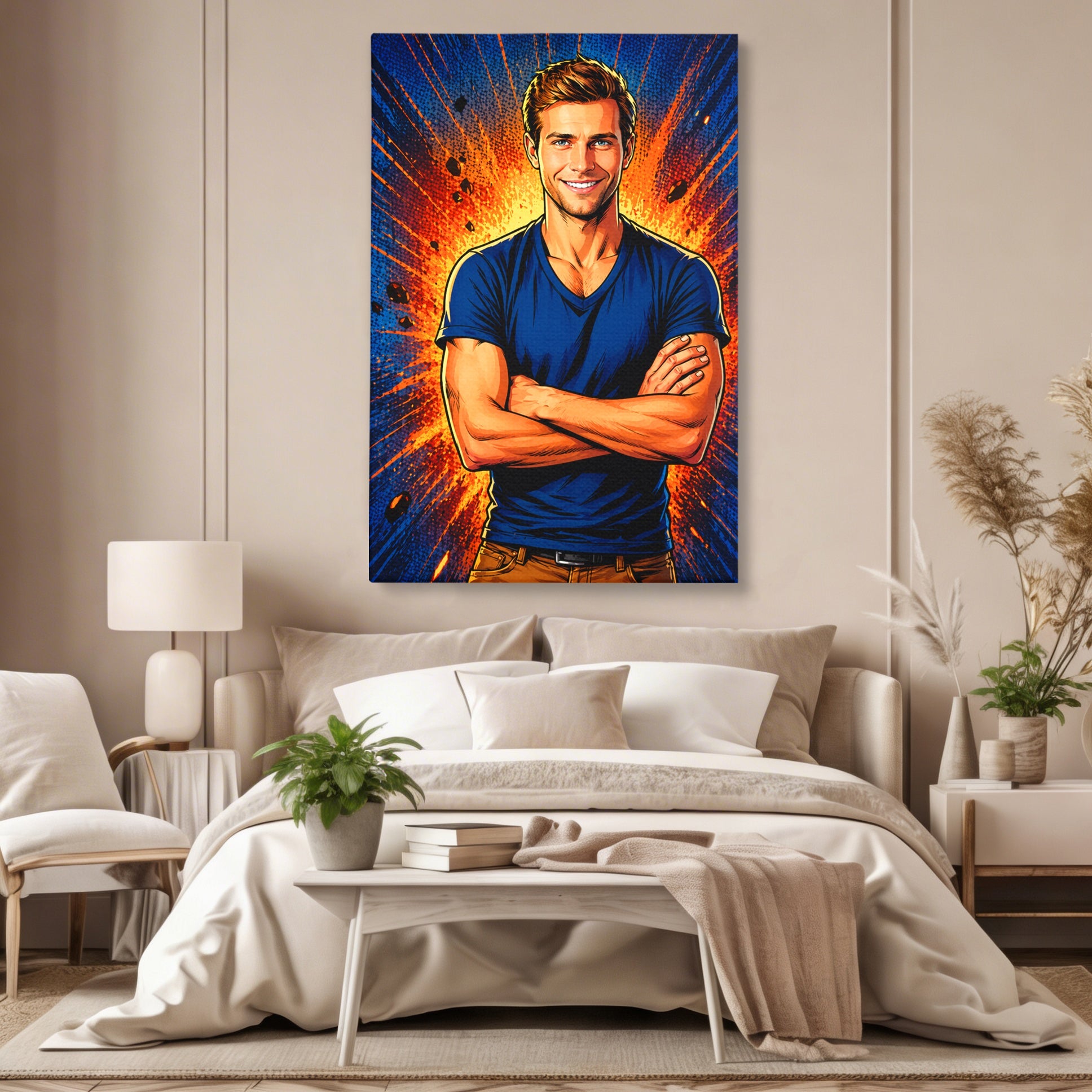 Tablou canvas cu ilustratie digitala portret barbat, pe perete intr-un dormitor