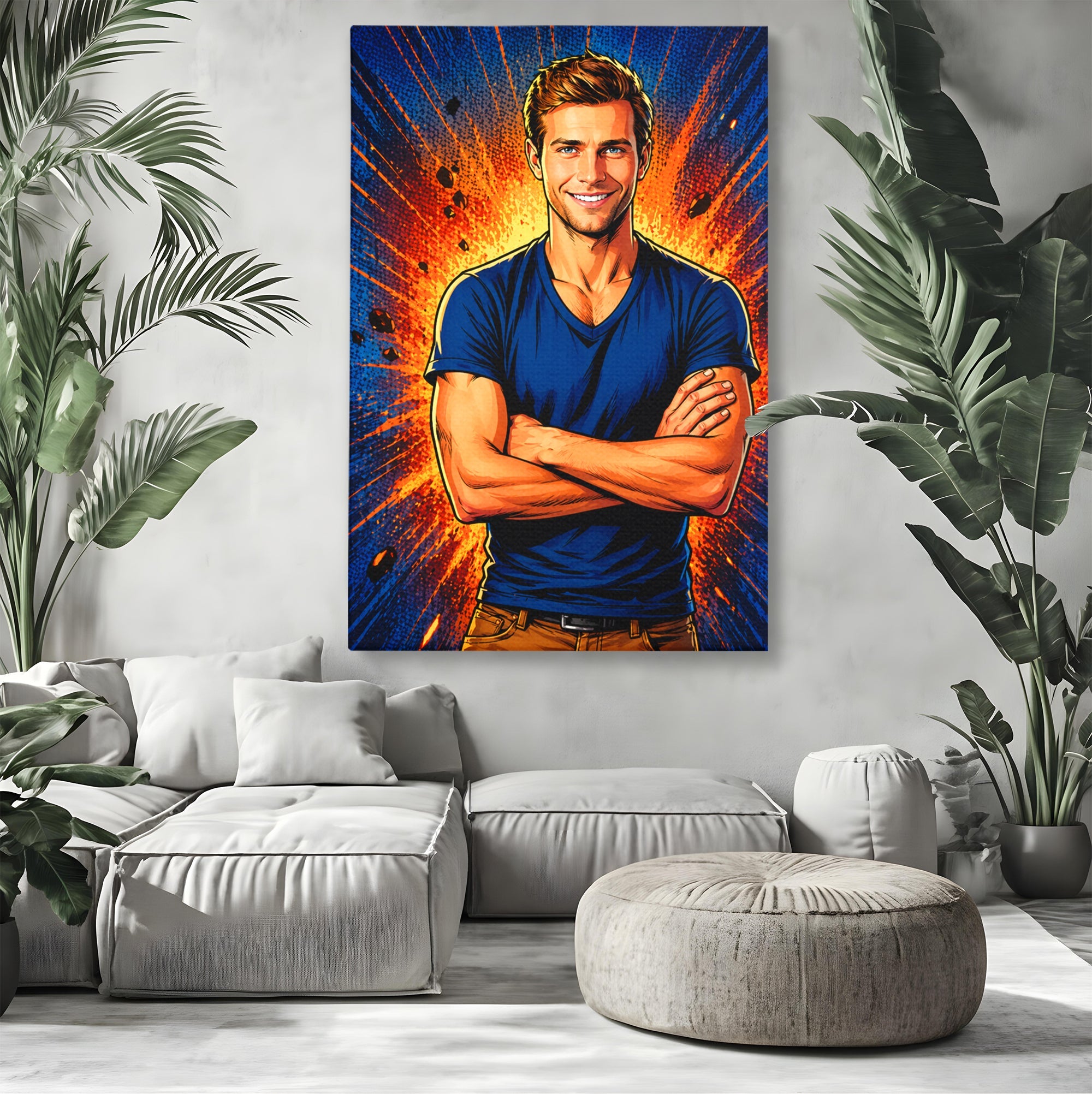 Tablou canvas cu ilustratie digitala portret barbat, pe perete intr-un living